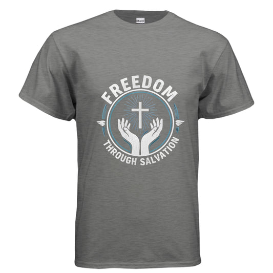 Freedom Through Salvation Christian T-Shirt GRAPHITE HEATHER Salvation Clothing and Accessories Apparel