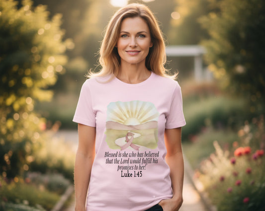 Blessed is She Christian T-Shirt (Breast Cancer Awareness) Salvation Clothing and Accessories