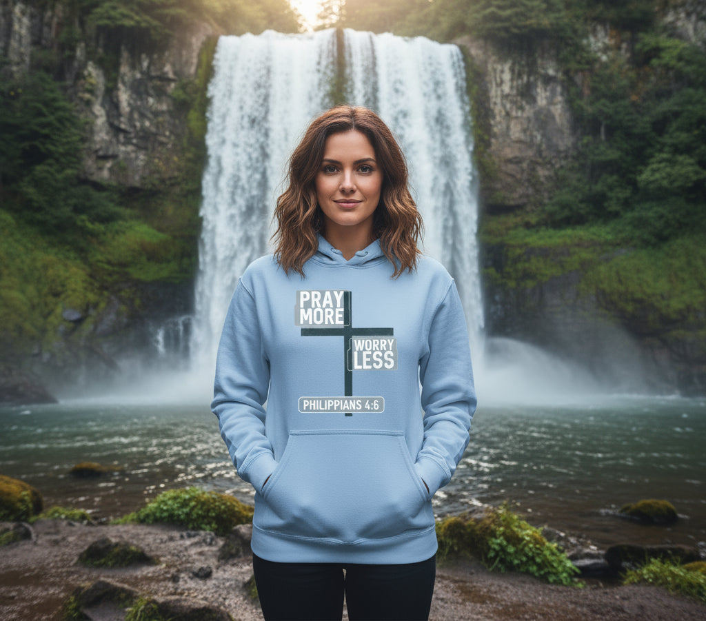 Pray More Worry Less Faith Hoodie CAROLINA BLUE Salvation Clothing and Accessories
