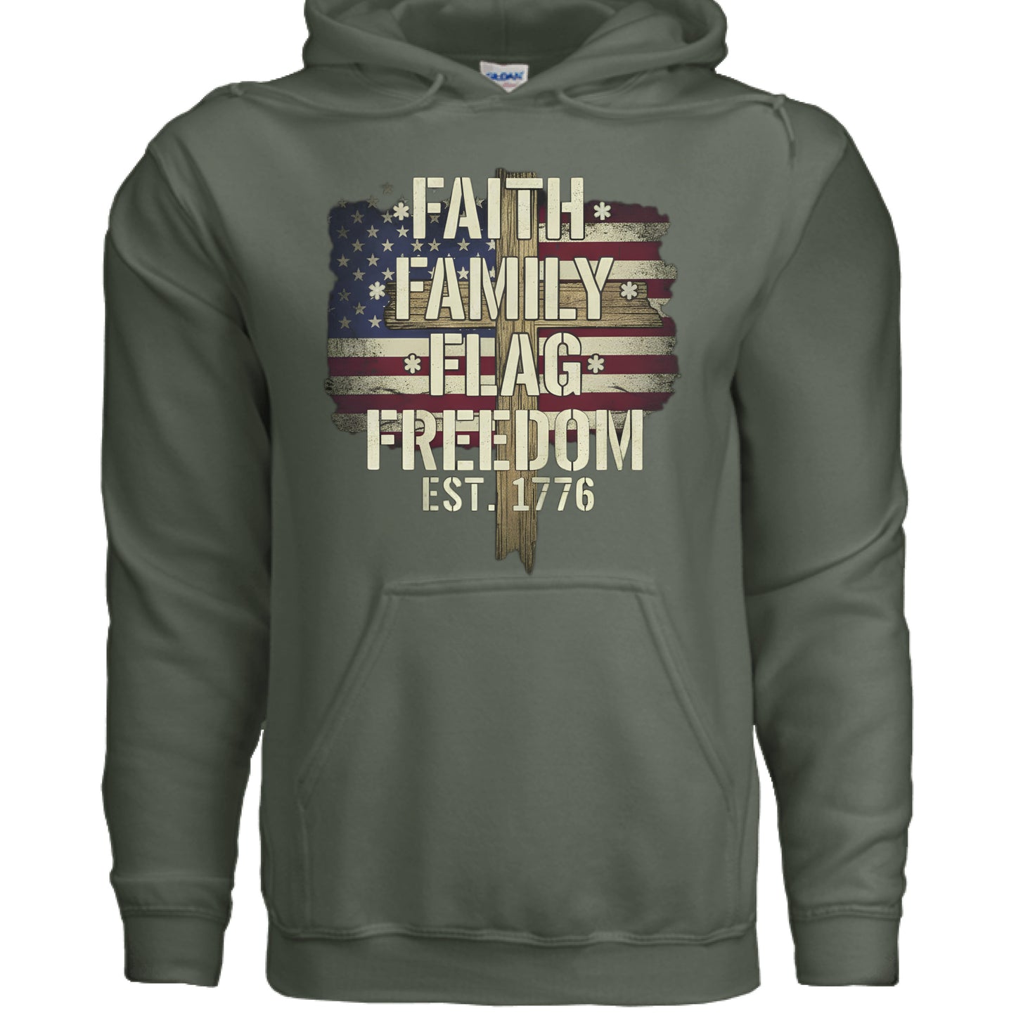 Faith Family Flag Freedom Christian Hoodie MILITARY GREEN Salvation Clothing and Accessories
