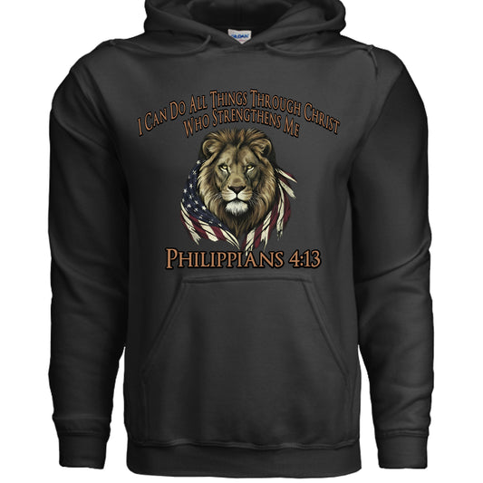 I Can Do All Things Through Christ Lion Philippians 4:13 Christian Hoodie BLACK Salvation Clothing and Accessories