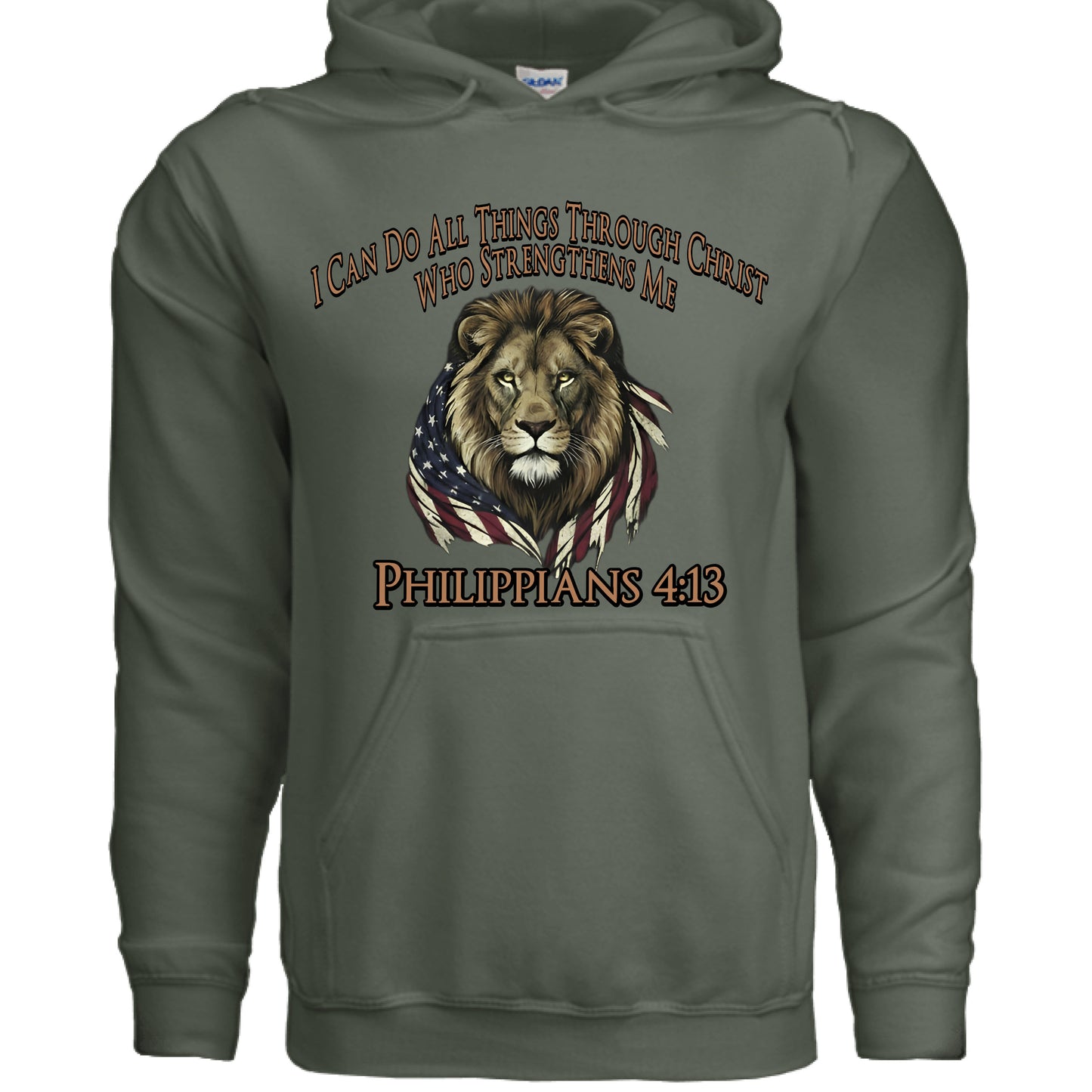I Can Do All Things Through Christ Lion Philippians 4:13 Faith Hoodie MILITARY GREEN Salvation Clothing and Accessories