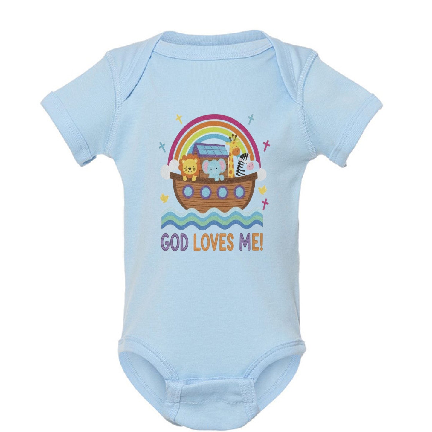 God Loves Me Faith Onesies LIGHT BLUE Salvation Clothing and Accessories