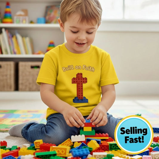 Built on Faith Lego Christian Kid's T-Shirt Gold Salvation Clothing and Accessories