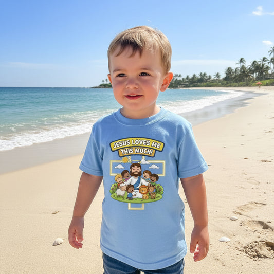 Jesus Loves me this much Christian Toddler T-Shirt Carolina Blue Salvation Clothing and Accessories