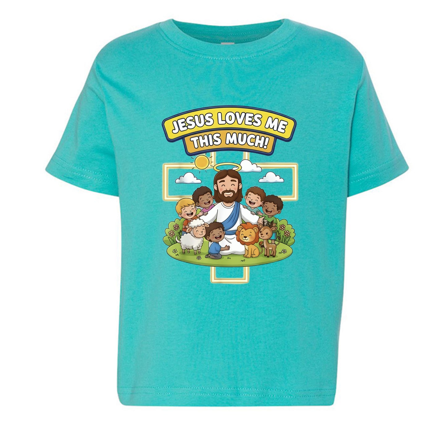 Jesus Loves me this much Faith Toddler T-Shirt CARIBBEAN Salvation Clothing and Accessories