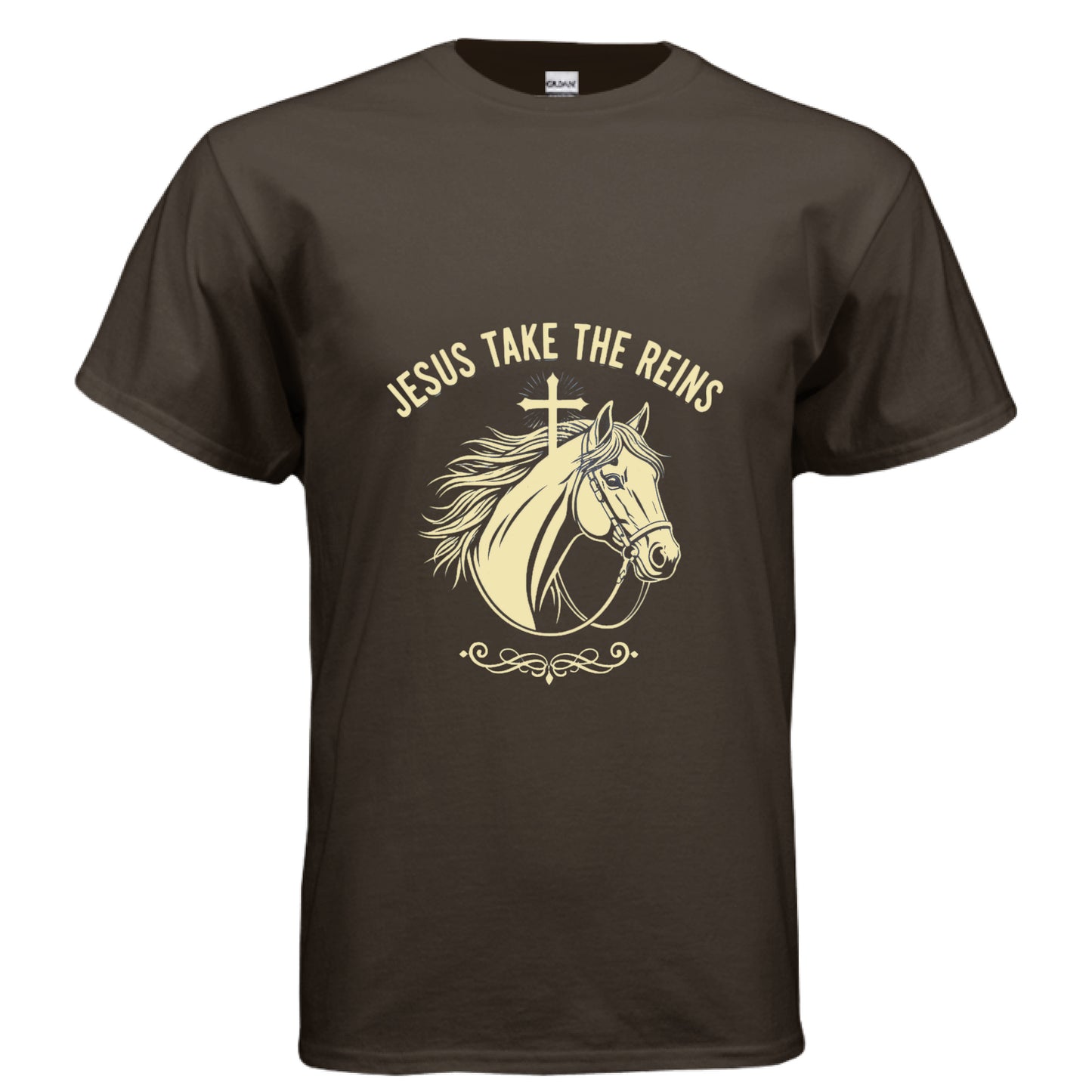 Jesus Take the Reins Faith T-Shirt DARK CHOCOLATE Salvation Clothing and Accessories Apparel