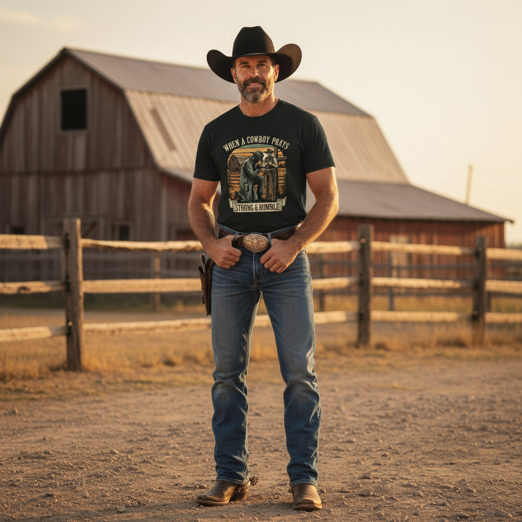 Cowboy Prays Faith T-Shirt BLACK Salvation Clothing and Accessories Apparel