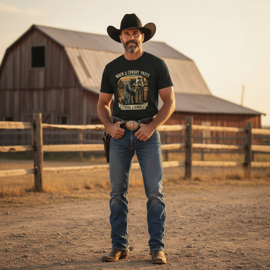 Cowboy Prays Christian T-Shirt BLACK Salvation Clothing and Accessories Apparel