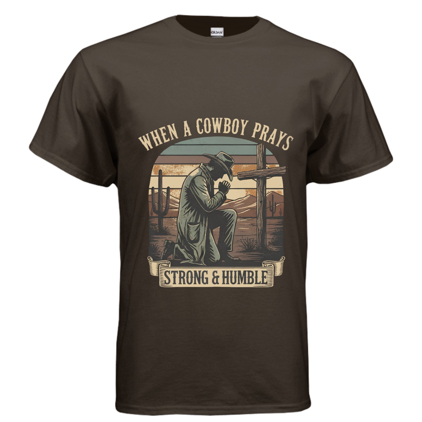 Cowboy Prays Faith T-Shirt DARK CHOCOLATE Salvation Clothing and Accessories Apparel