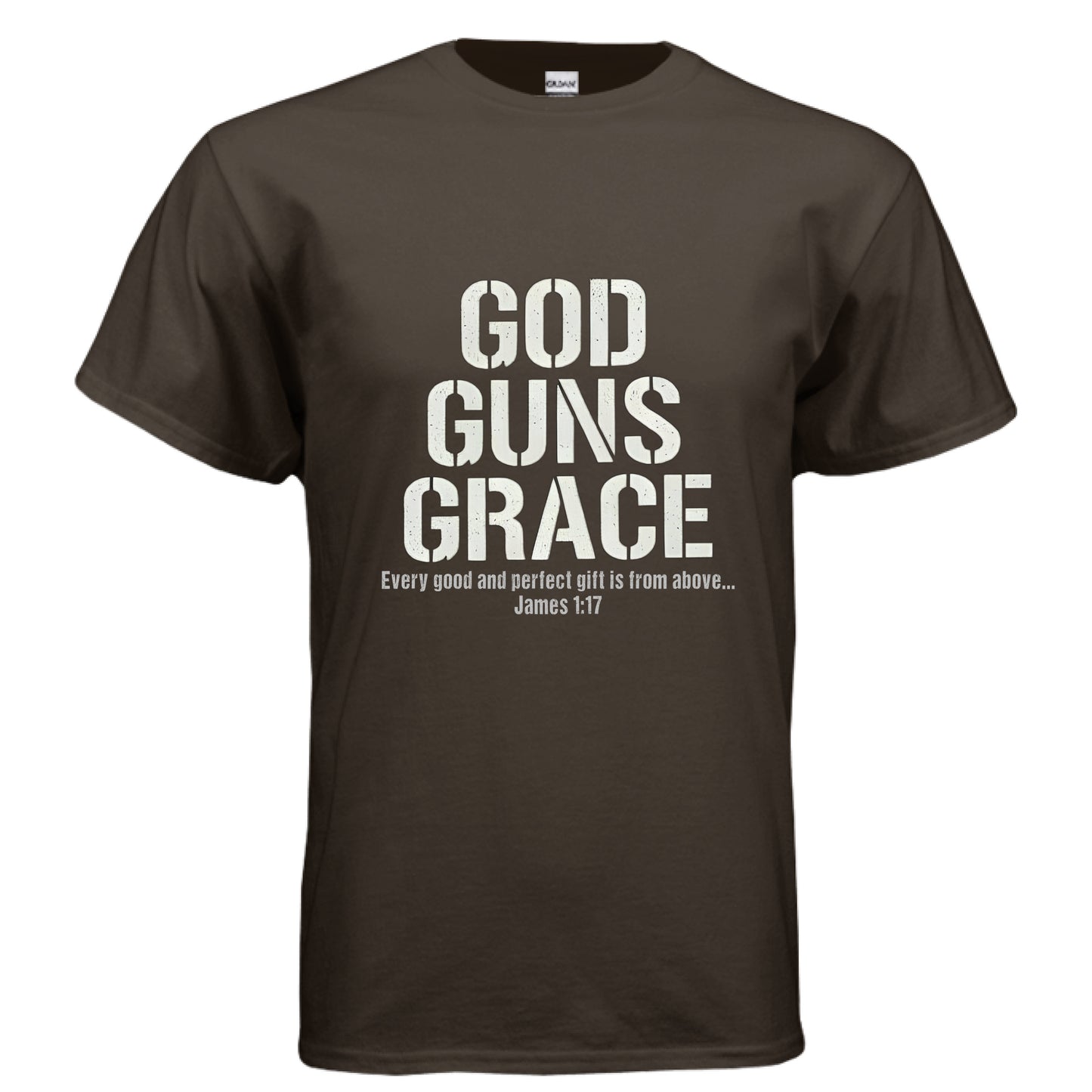 God Guns Grace Faith T-Shirt DARK CHOCOLATE Salvation Clothing and Accessories Apparel