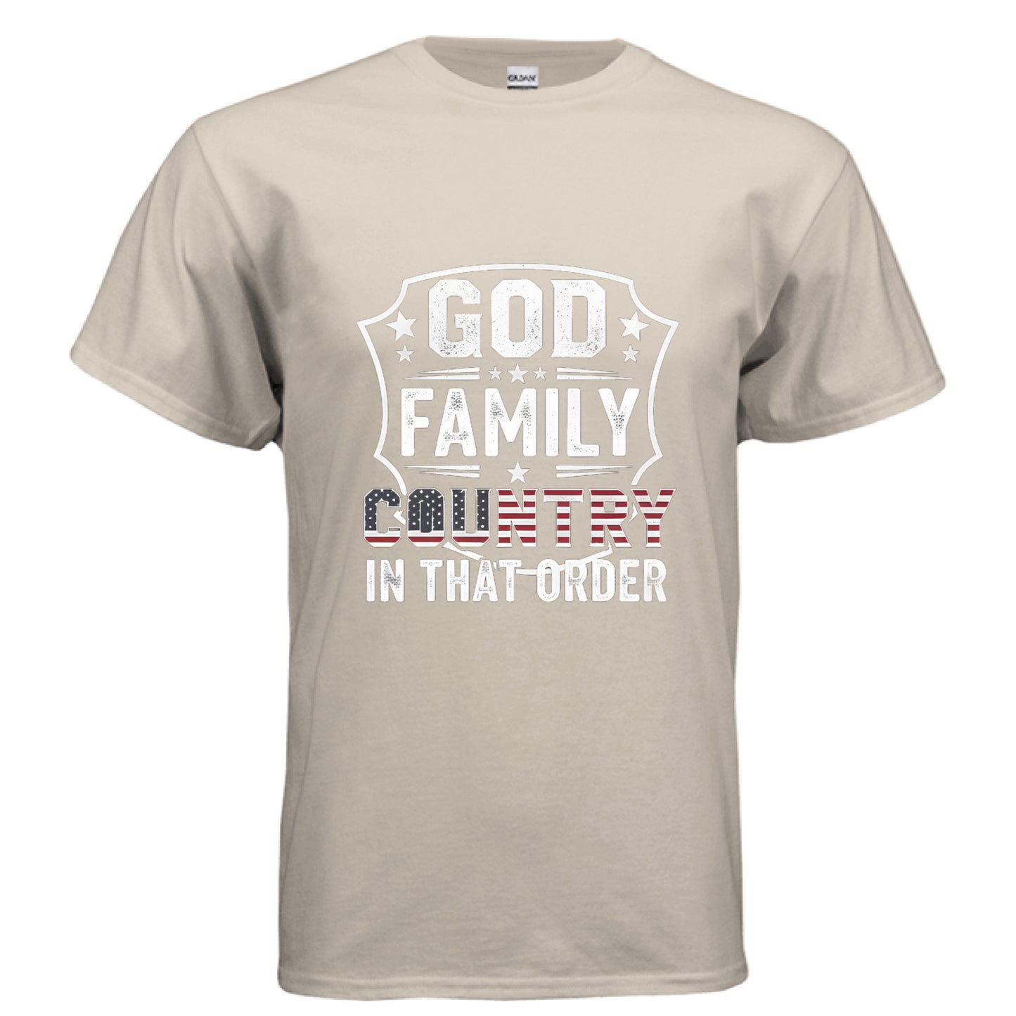 God Family Country in that order Faith Patriot T-Shirt (Charlie Kirk Inspired) SAND Salvation Clothing and Accessories Apparel