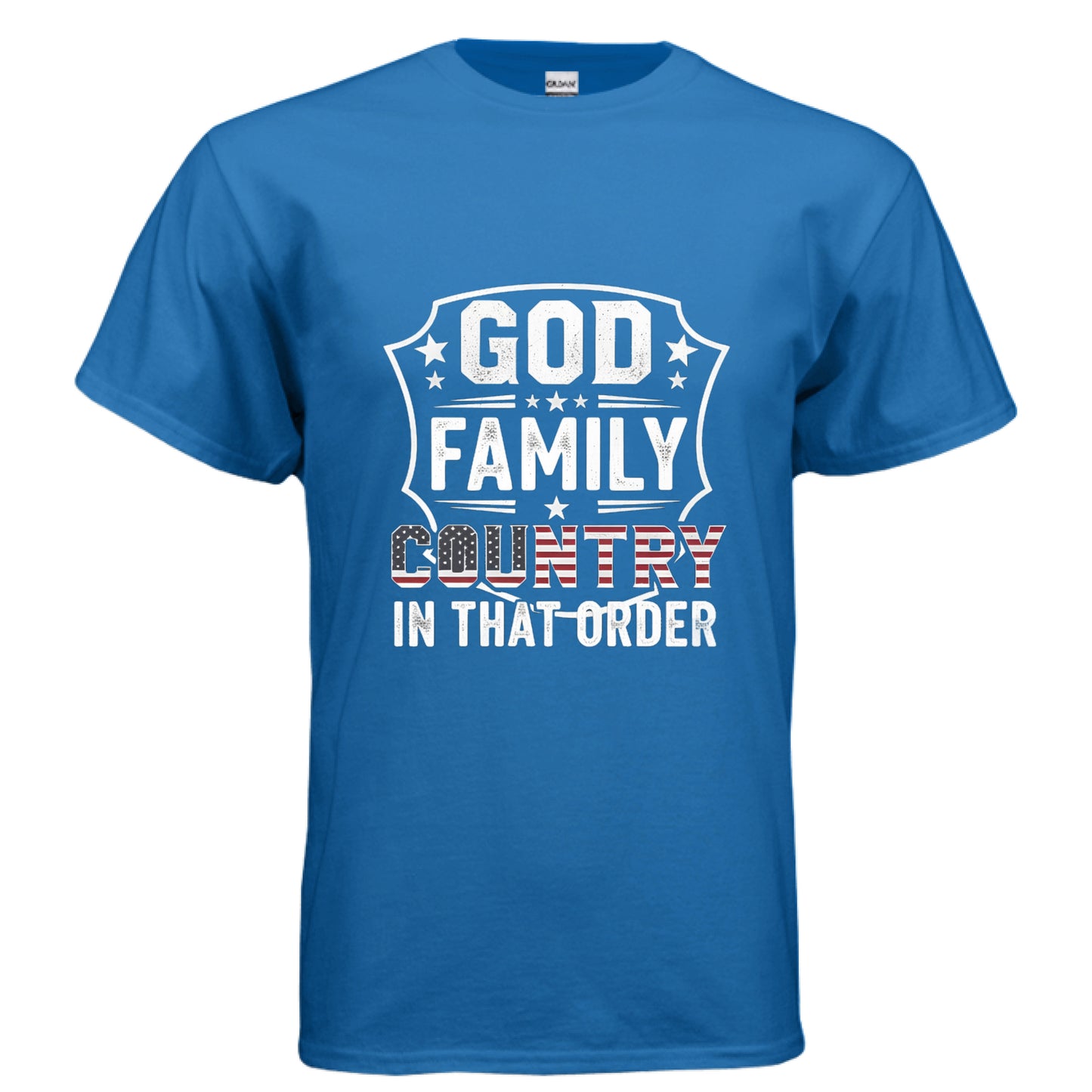 God Family Country in that order Faith Patriot T-Shirt (Charlie Kirk Inspired) ROYAL Salvation Clothing and Accessories Apparel