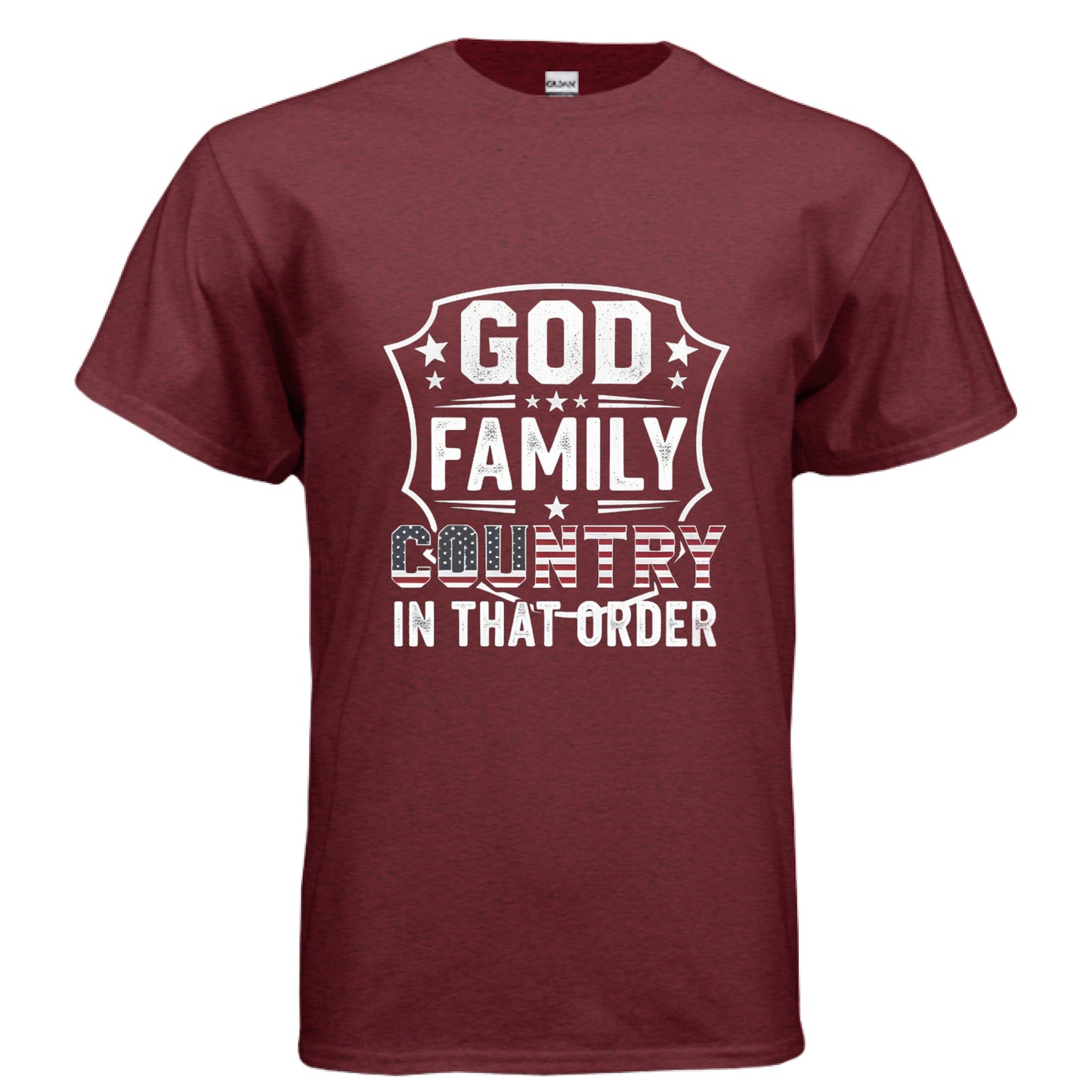 God Family Country in that order Faith Patriot T-Shirt (Charlie Kirk Inspired) ANTIQUE CHERRY RED Salvation Clothing and Accessories Apparel