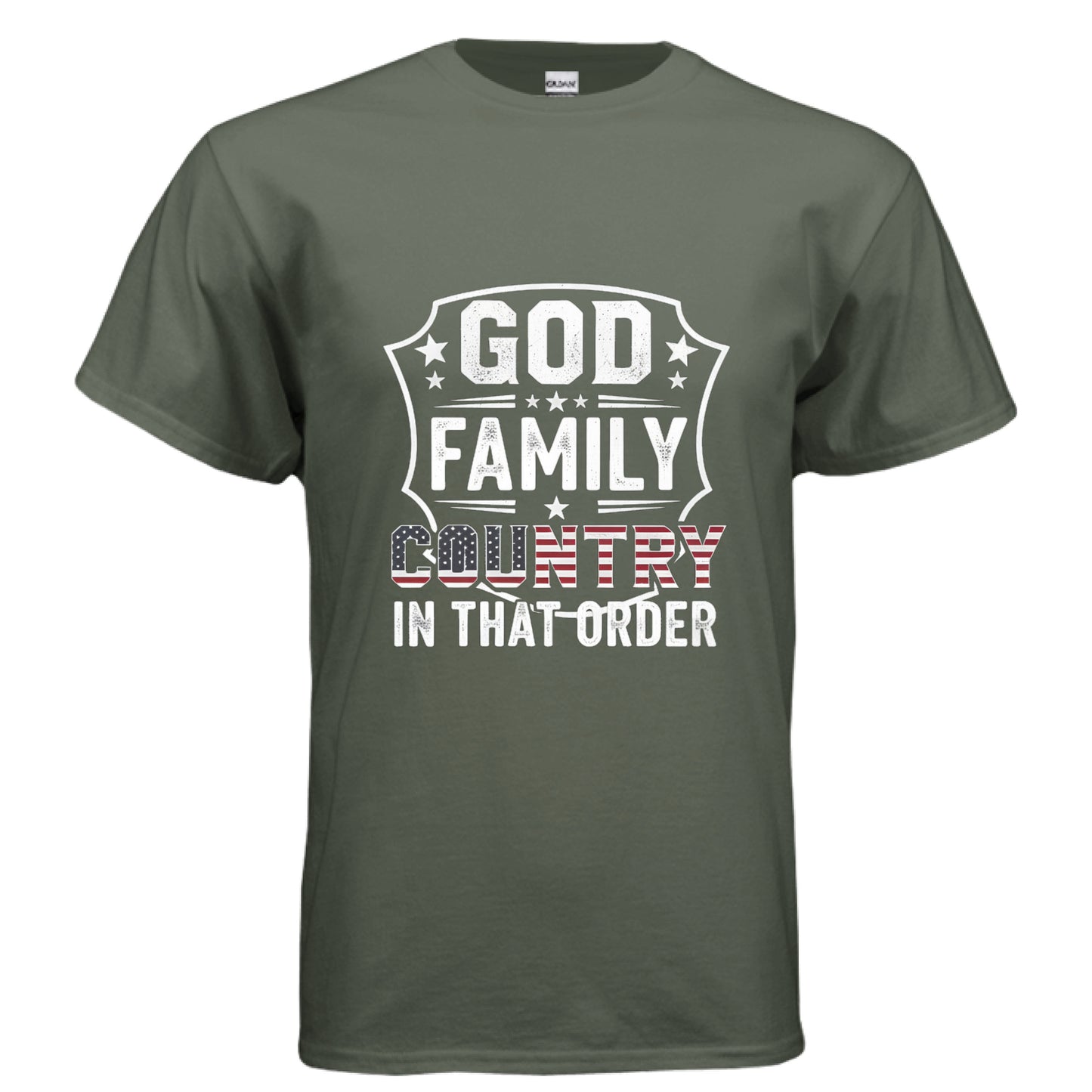 God Family Country in that order Faith Patriot T-Shirt (Charlie Kirk Inspired) MILITARY GREEN Salvation Clothing and Accessories Apparel