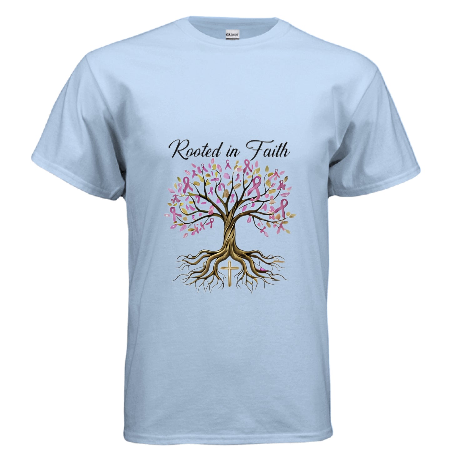Rooted in Faith (Breast Cancer Awareness) Faith T-Shirt LIGHT BLUE Salvation Clothing and Accessories Apparel