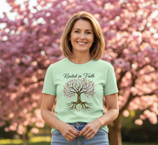 Rooted in Faith (Breast Cancer Awareness) Christian T-Shirt MINT GREEN Salvation Clothing and Accessories Apparel