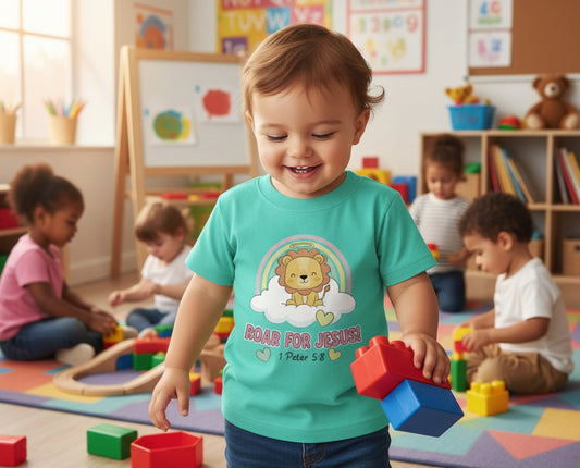 Roar for Jesus 1 Peter 5:8 Toddler Christian T-Shirt CARIBBEAN Salvation Clothing and Accessories Apparel