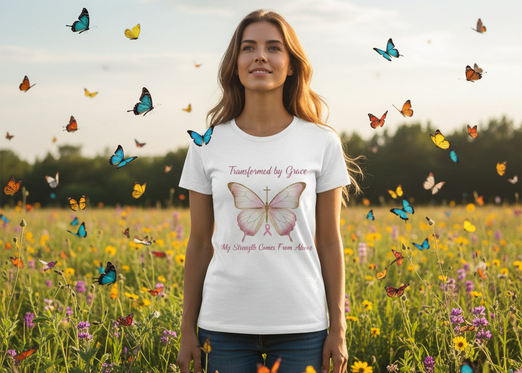 Transformed By Grace Faith T-Shirt(Breast Cancer Awareness) WHITE Salvation Clothing and Accessories Apparel