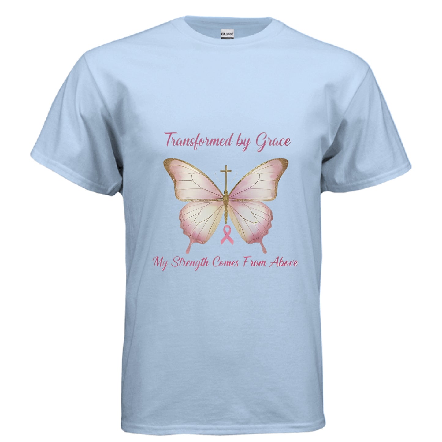 Transformed By Grace Faith T-Shirt(Breast Cancer Awareness) LIGHT BLUE Salvation Clothing and Accessories Apparel