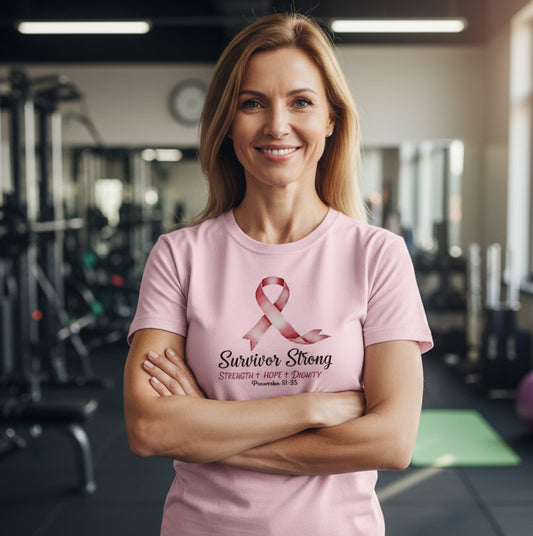 Survivor Strong Christian T-Shirt (Breast Cancer Awareness) LIGHT PINK Salvation Clothing and Accessories Apparel