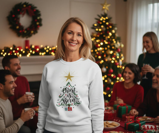 Christ is Born Christian Christmas Sweatshirt WHITE Salvation Clothing and Accessories Apparel