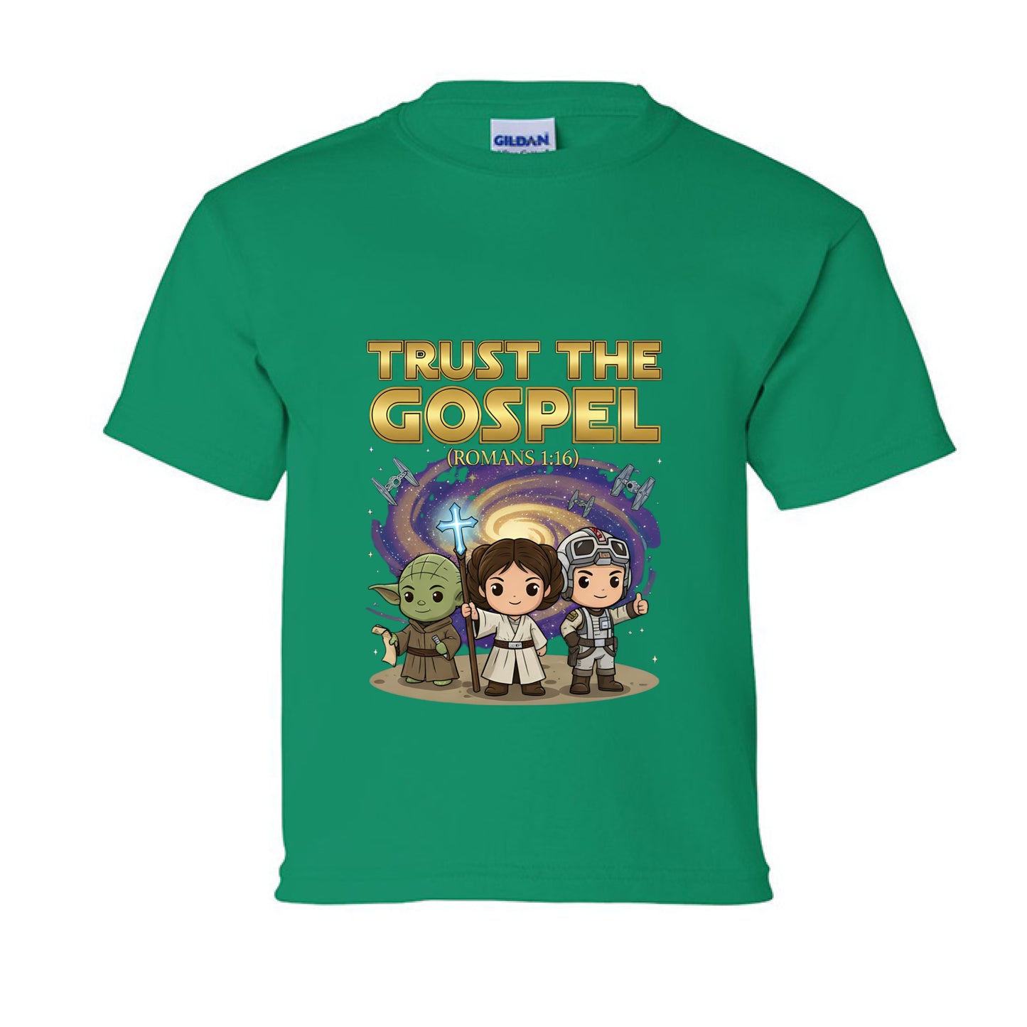 Trust the Gospel Romans 1:16 Faith kids T-Shirt KELLY GREEN Salvation Clothing and Accessories Apparel