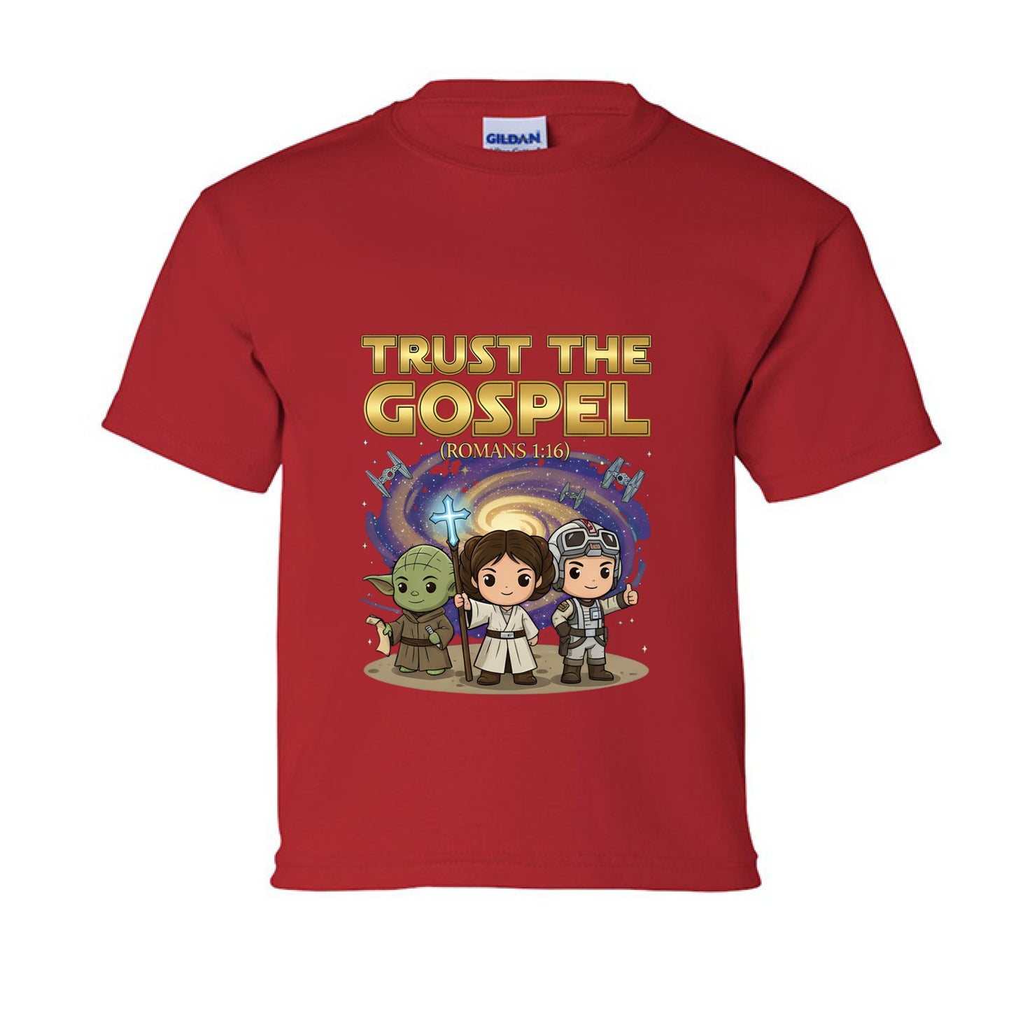 Trust the Gospel Romans 1:16 Faith kids T-Shirt RED Salvation Clothing and Accessories Apparel
