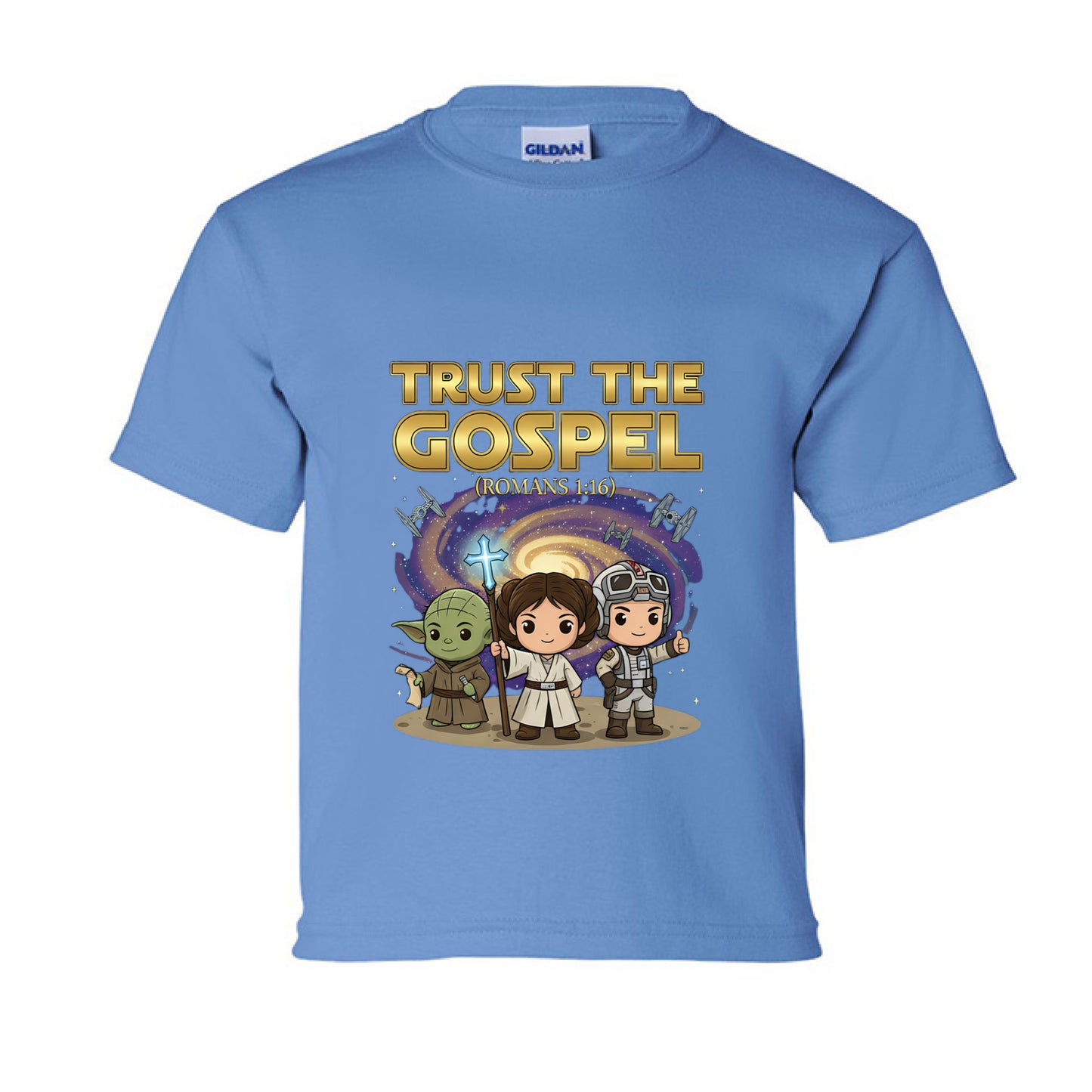 Trust the Gospel Romans 1:16 Faith kids T-Shirt CAROLINA BLUE Salvation Clothing and Accessories Apparel