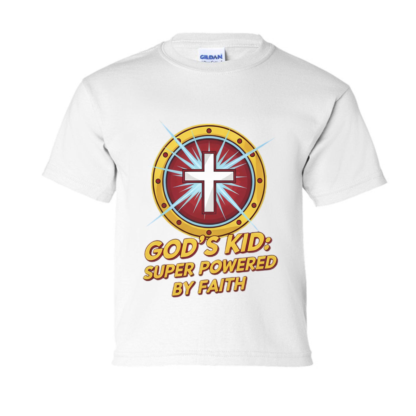 God's Kid Super Powered Faith kids T-Shirt WHITE Salvation Clothing and Accessories Apparel