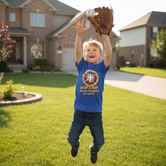 God's Kid Super Powered Christian kids T-Shirt Salvation Clothing and Accessories Apparel