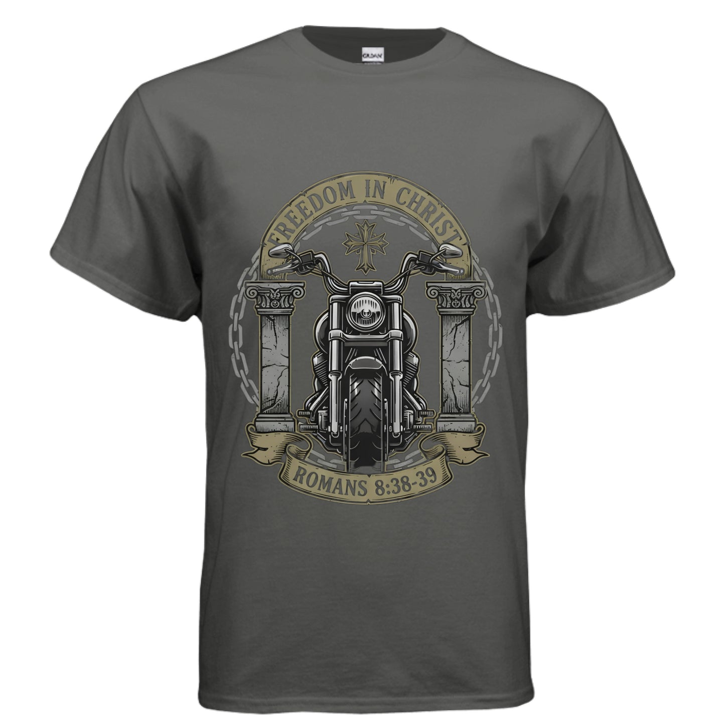 Freedom in Christ Romans 8:38-39 Motorcycle Faith T-Shirt CHARCOAL Salvation Clothing and Accessories Apparel