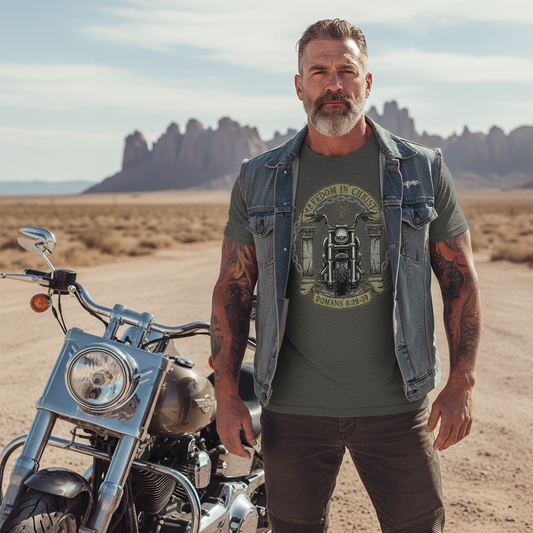 Freedom in Christ Romans 8:38-39 Motorcycle Christian T-Shirt Salvation Clothing and Accessories Apparel