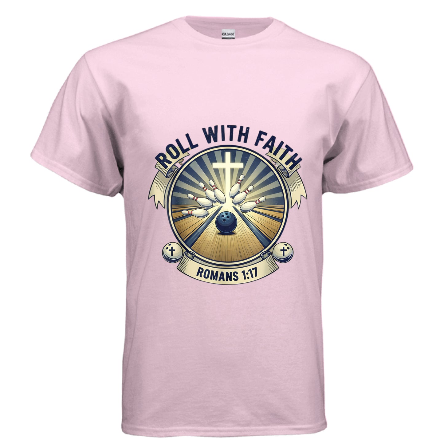 Roll With it Romans 1:17 Bowling Faith T-Shirt LIGHT PINK Salvation Clothing and Accessories Apparel