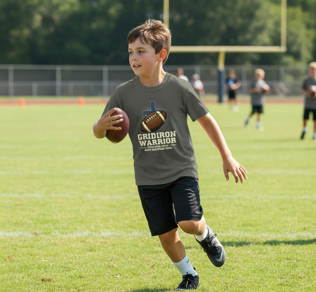 Gridiron Warrior Proverbs 27:17 Kids Faith T-Shirt CHARCOAL Salvation Clothing and Accessories Apparel