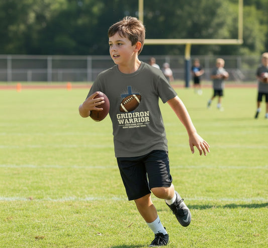Gridiron Warrior Proverbs 27:17 Kids Christian T-Shirt CHARCOAL Salvation Clothing and Accessories Apparel