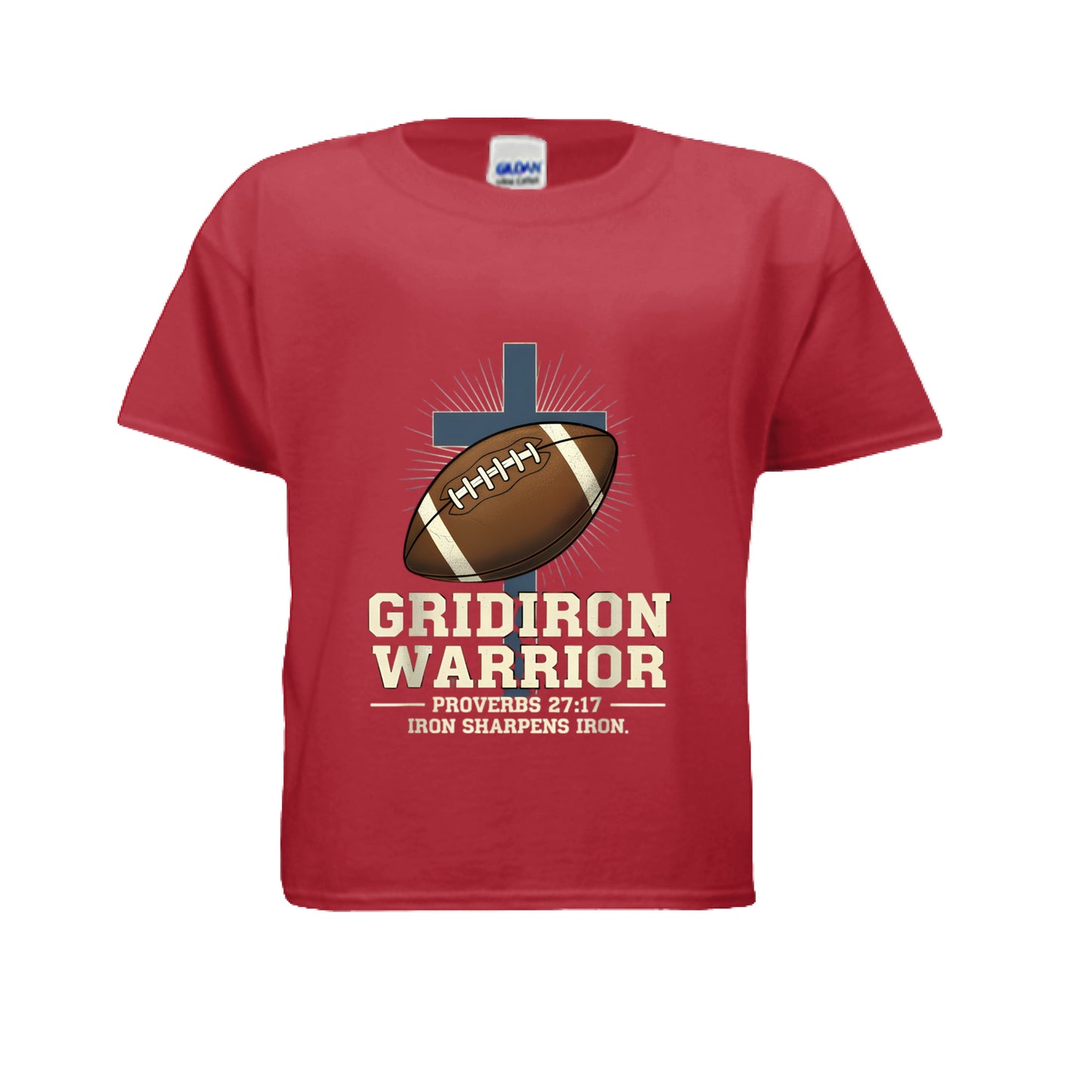 Gridiron Warrior Proverbs 27:17 Kids Faith T-Shirt RED Salvation Clothing and Accessories Apparel