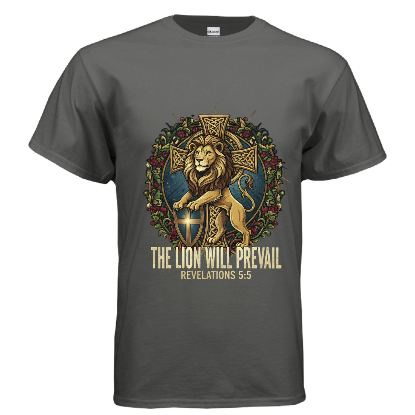 The Lion Will Prevail Revelations 5:5 Faith T-Shirt CHARCOAL Salvation Clothing and Accessories Apparel