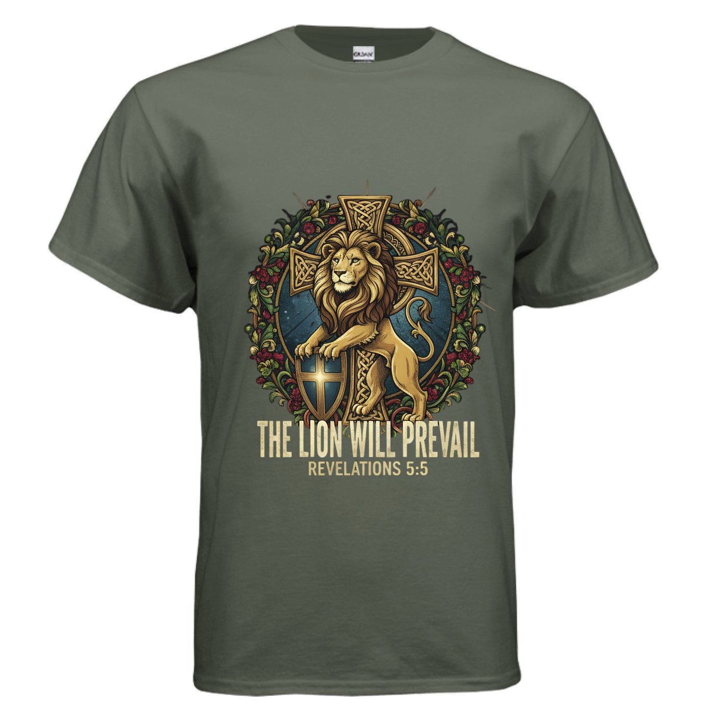 The Lion Will Prevail Revelations 5:5 Faith T-Shirt MILITARY GREEN Salvation Clothing and Accessories Apparel