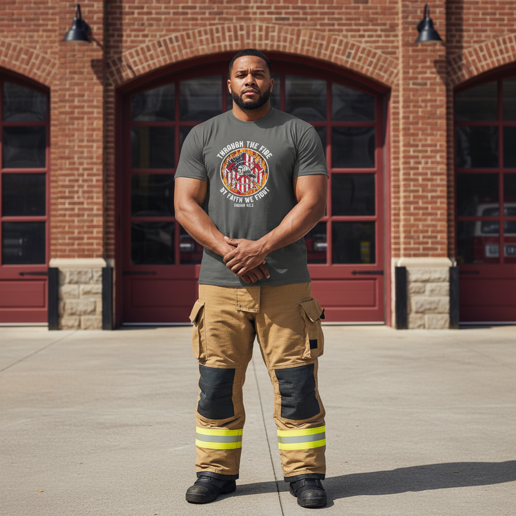 Through The Fire By Faith We Fight Firefighter Faith T-Shirt Salvation Clothing and Accessories Apparel