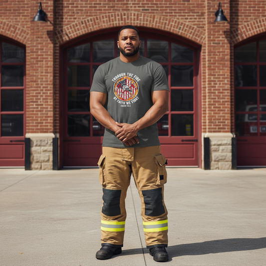 Through The Fire By Faith We Fight Firefighter Christian T-Shirt Salvation Clothing and Accessories Apparel