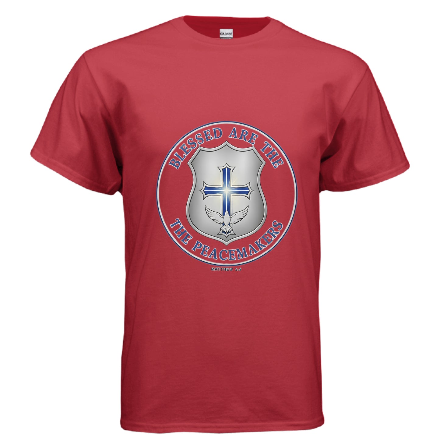 Blessed are the Peacemakers Matthew 5:9 (Police) Faith T-Shirt RED Salvation Clothing and Accessories Apparel