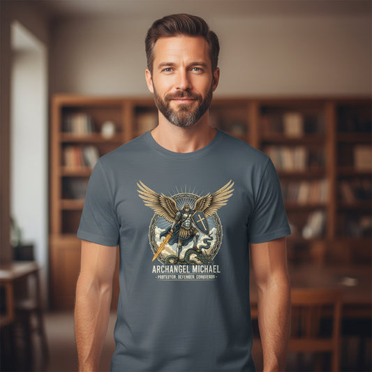 Archangel Michael Christian T-Shirt Blue Dusk Salvation Clothing and Accessories Apparel