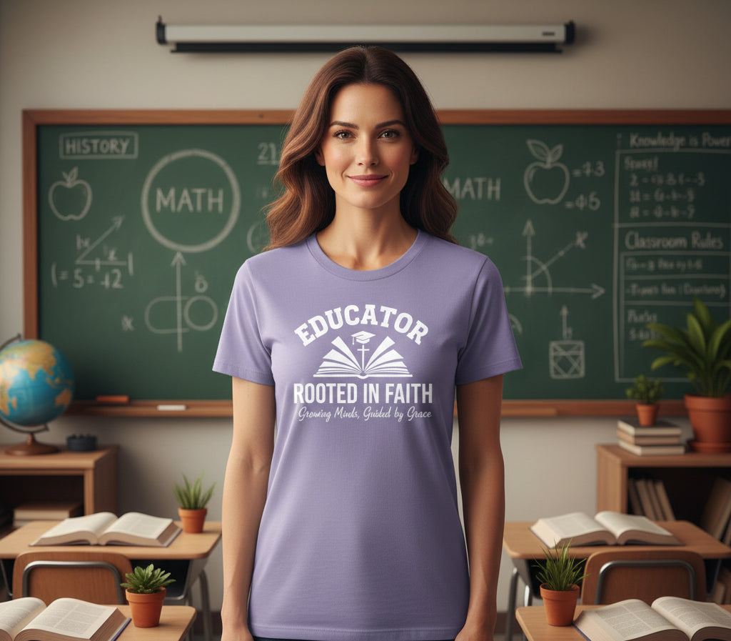 Educator Rooted in Faith Teacher Faith T-Shirt VIOLET Salvation Clothing and Accessories Apparel