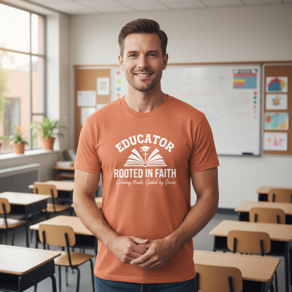 Educator Rooted in Faith Teacher Faith T-Shirt SUNSET Salvation Clothing and Accessories Apparel