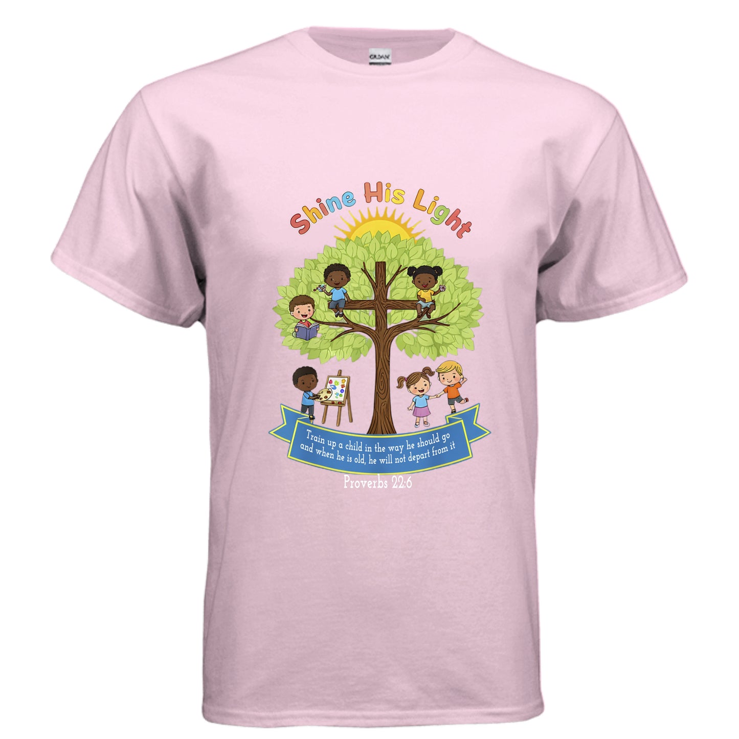 Shine His Light Proverbs 22:6 Faith Teacher T-Shirt LIGHT PINK Salvation Clothing and Accessories Apparel