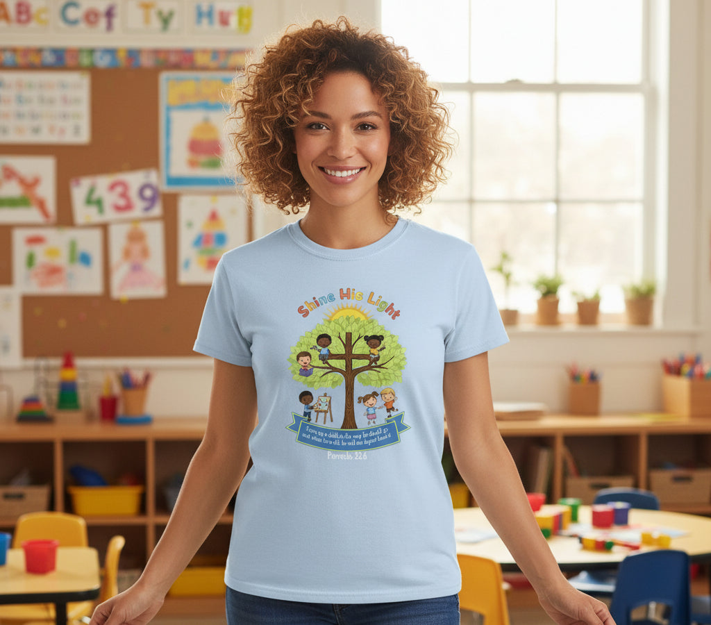 Shine His Light Proverbs 22:6 Faith Teacher T-Shirt LIGHT BLUE Salvation Clothing and Accessories Apparel