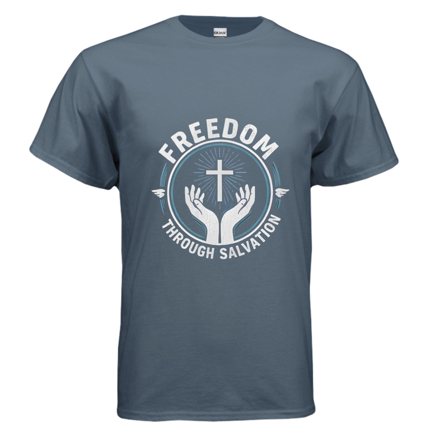Freedom Through Salvation Christian T-Shirt INDIGO BLUE Salvation Clothing and Accessories Apparel