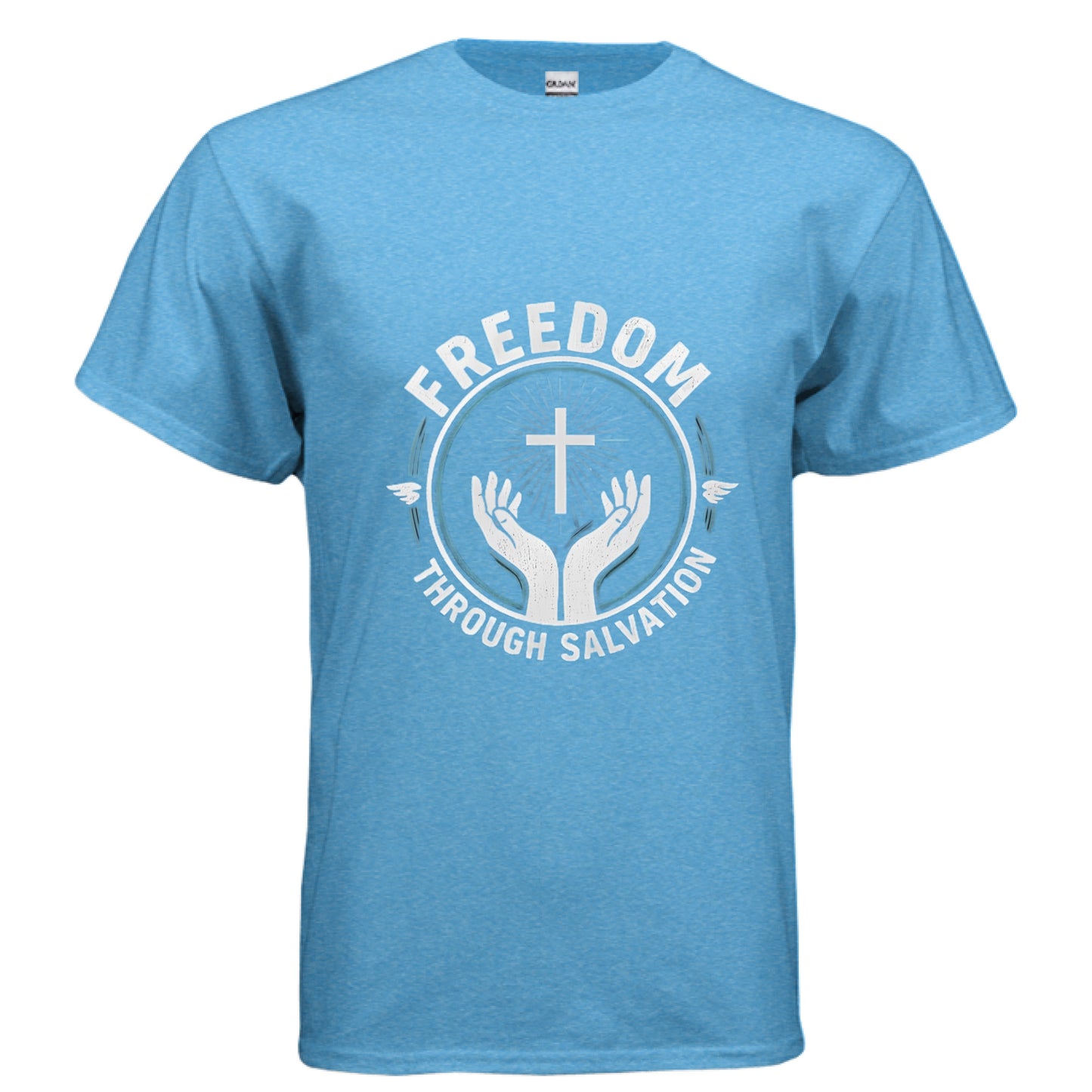 Freedom Through Salvation Christian T-Shirt HEATHER SAPPHIRE Salvation Clothing and Accessories Apparel
