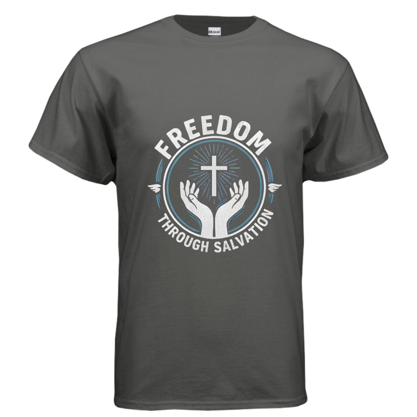 Freedom Through Salvation Christian T-Shirt CHARCOAL Salvation Clothing and Accessories Apparel
